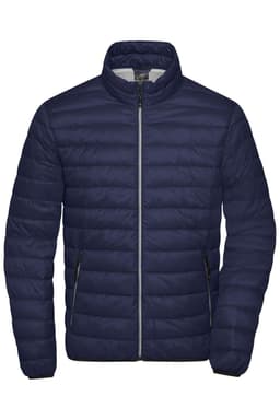A men's down jacket in navy blue with a quilted design and zippered pockets. It features a stand-up collar and branding.