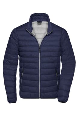 A men's puffer jacket in navy blue, featuring a zip front and two side pockets, with a contrasting inner lining.