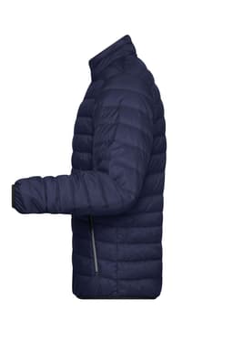 A navy blue men's down jacket with a puffer design, featuring a high collar and side zipper pocket.
