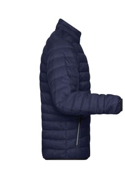 A navy men's down puffer jacket featuring a zippered pocket on the side and a high collar. It has a sleek, fitted design.