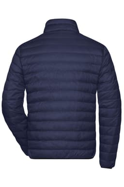 A navy men's down puffer jacket with a quilted design, featuring a high collar and no visible branding.