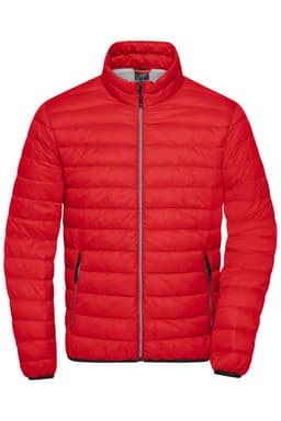 A bright red men's down jacket with a zip closure and side pockets, featuring a classic puffer design.