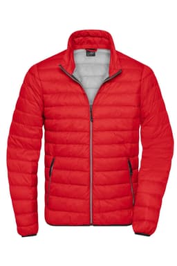 A red puffer jacket with a zip front, featuring side pockets and a collar. It has a logo on the chest.