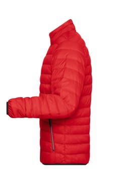 A red puffer jacket featuring a side view with a sleek design and a logo on the sleeve.