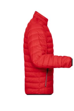 A red men's down jacket with a puffer design, featuring a side view and a zippered pocket.