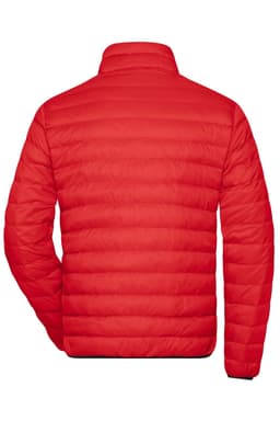A red men's down jacket in a puffer style, featuring a smooth quilted design and a high collar at the back.