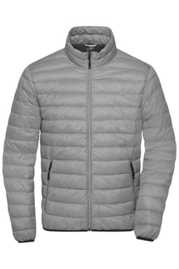 A grey puffer jacket with a zip front and high collar, featuring side pockets and a simple logo.