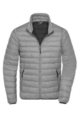 A grey puffer jacket featuring a zip front and side pockets, complete with a branded logo.
