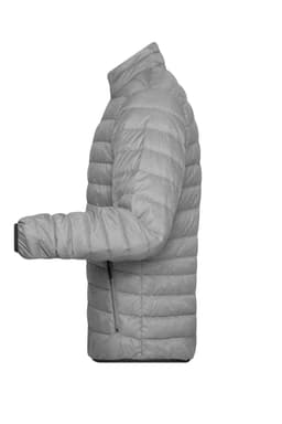A grey men's down puffer jacket displayed from the side, with a sleek design and a logo on the sleeve.