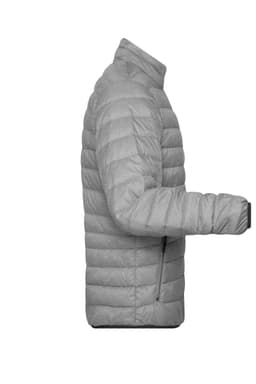A light grey men's down puffer jacket featuring a zippered pocket and a fitted silhouette.