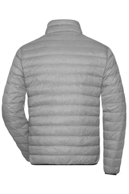 A light grey men's down puffer jacket with a quilted design and a high collar. It features a logo on the back.