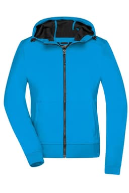 A ladies hooded softshell jacket in bright blue with a contrasting black interior and a logo.