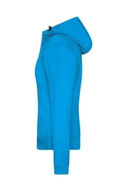 A bright blue ladies hooded softshell jacket with a zip-up front and a fitted design. It has a logo on the chest.