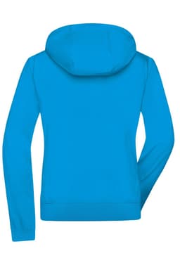 A bright blue ladies' hooded softshell jacket with a fitted design and sleeve detailing, featuring a logo.