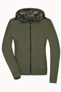 A green hooded softshell jacket with a zippered front and a camouflage-patterned interior. Features a logo.