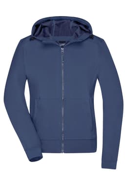 A navy blue ladies hooded softshell jacket with a zip front and side pockets, featuring a logo.