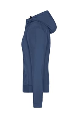 A ladies’ hooded softshell jacket in navy blue, featuring a zippered front and long sleeves. It has a logo on the chest.