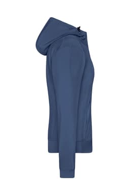 A ladies' hooded softshell jacket in navy blue, featuring a zip front and a logo on the side.
