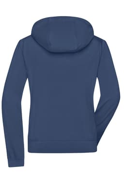 A ladies hooded softshell jacket in navy blue, featuring a relaxed fit and a hood, with a logo on the back.
