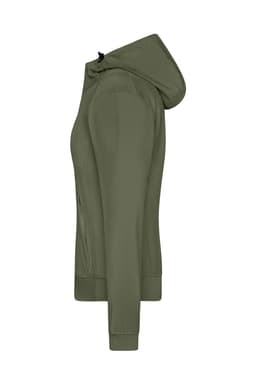 A ladies hooded softshell jacket in olive green, featuring a sleek design and a logo on the fabric.