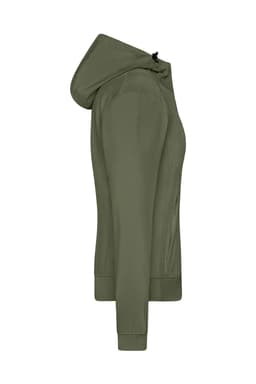 A softshell jacket in olive green, featuring a hood and a side view showcasing its sleek design.