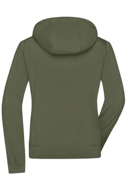 A ladies hooded softshell jacket in olive green, featuring a back view and a logo on the fabric.