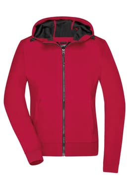 A red ladies hooded softshell jacket featuring a zip front and contrasting grey interior. It has a logo on it.