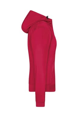 A red ladies hooded softshell jacket with a zippered front and a hood, featuring a side view silhouette.