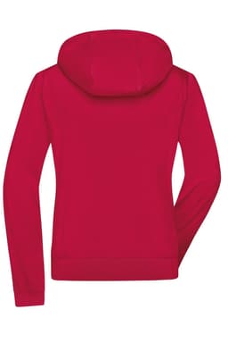 A red ladies hooded softshell jacket featuring a kangaroo pocket and a hood, with a logo on the back.
