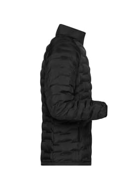 A black padded puffer jacket, featuring a streamlined design and a high collar. It includes branding details.