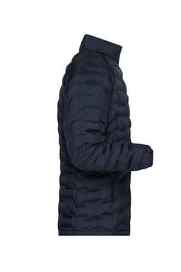A modern navy padded puffer jacket with a streamlined design and a zipped pocket. Features a logo on the chest.