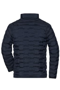 A men's modern padded jacket in navy, featuring a textured, quilted design and a high collar. It has a logo on the back.