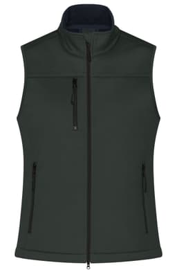 A ladies' softshell vest in dark green, featuring a front zip and three zippered pockets. It has a branding logo.