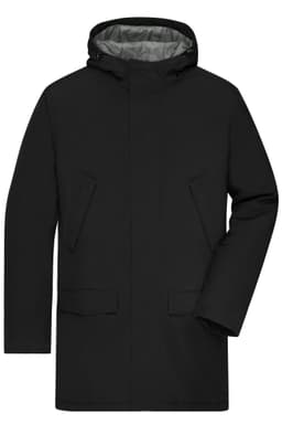 A black business parka jacket featuring a hood and front pockets, with a grey interior lining.