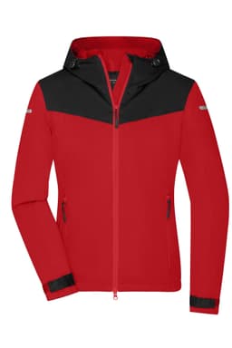 A red and black ladies all-weather jacket with a hood, featuring zippered pockets and a branded logo.