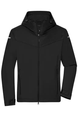 A black men's all-weather jacket with a hood, featuring a zip front and a logo on the sleeve.