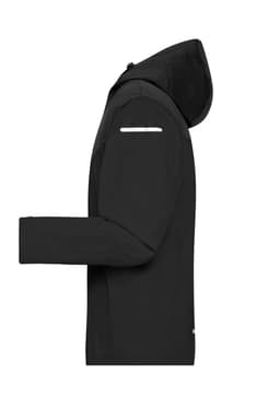 A black men's all-weather jacket with a hood, featuring long sleeves and a logo.
