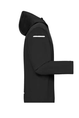 A black men's all-weather jacket with a hood and reflective detailing, featuring a side view and long sleeves.