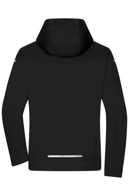 A black all-weather jacket featuring a hood and a reflective section at the back. It has a logo on it.