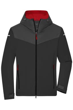 A men's all-weather jacket in grey and black, featuring a red interior, zippered pockets, and a hood.