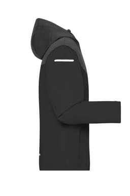 A black men's all-weather jacket featuring a hood and reflective detailing, showcasing a sleek, modern design.