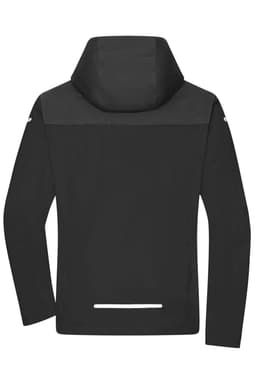 A men's all-weather jacket in black, featuring a hood and a minimalist design with reflective details.