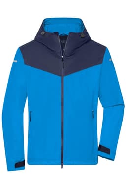 A men's all-weather jacket in bright blue and navy, featuring a zip-up front and a hood. It has a logo on the sleeve.