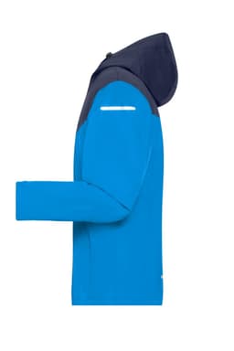A men's all-weather jacket in bright blue and navy, featuring a hood and reflective detailing.