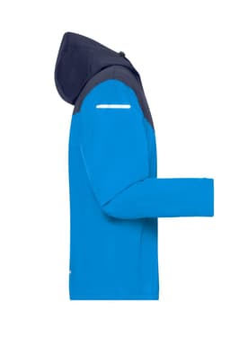 A lightweight all-weather jacket in bright blue and navy, featuring a hood and reflective detail.