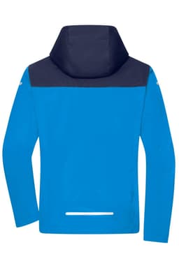 A blue all-weather jacket with a navy hood and back, featuring long sleeves and a branding logo.