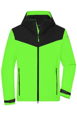 A bright green and black men's all-weather jacket featuring a hood and zippered pockets, with a logo on the front.