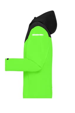 A men's all-weather jacket in vibrant lime green with a black hood and reflective details.