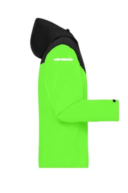 A bright green and black all-weather jacket with a hood, featuring a reflective strip and long sleeves.