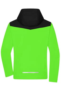 A bright green men's all-weather jacket with a black hood and upper section, featuring a reflective detail at the back.